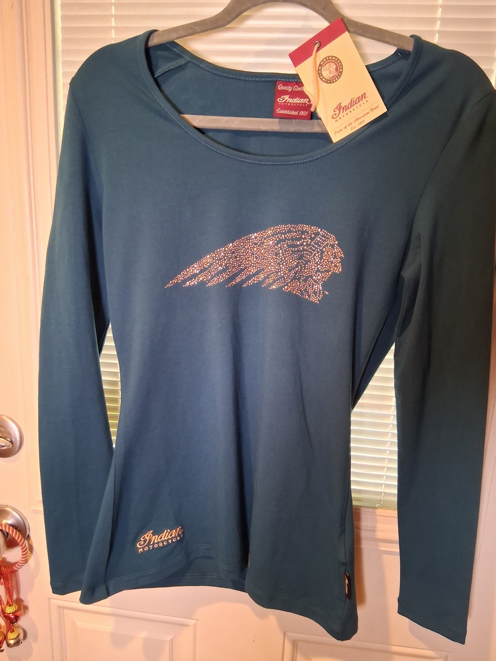 sku99 Indian Mototcyle Headdress Bling Studds Women's Teal Long-Sleeve Size S